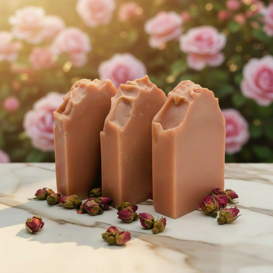 Three bars of pink soap with dried flowers on a white background