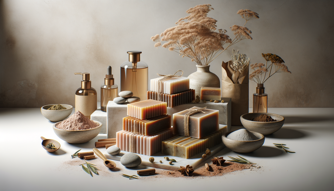 Handcrafted natural soaps on stone and linen with leaves in soft morning light