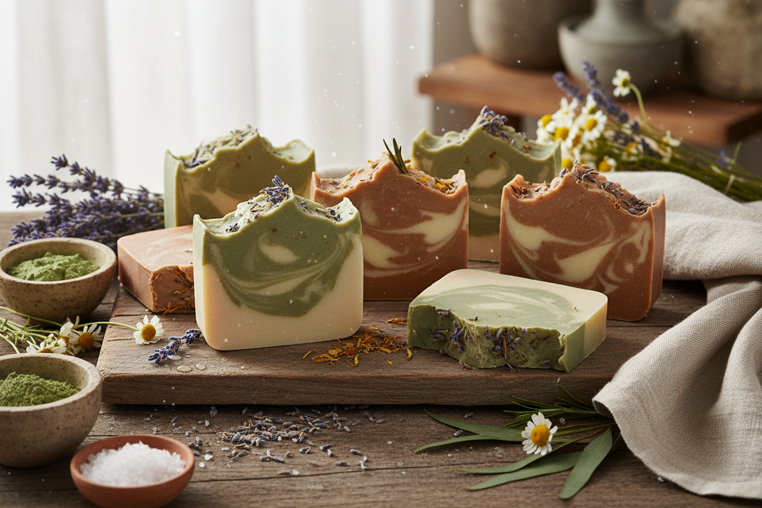 Unlabeled artisan soap bars on a wooden counter