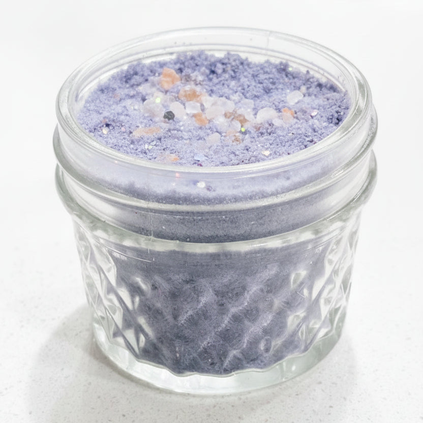 Glass Jar 4 0z Diamod textured full of Milk and Mineral Bath Soak  Purple with salt rocks and glitter