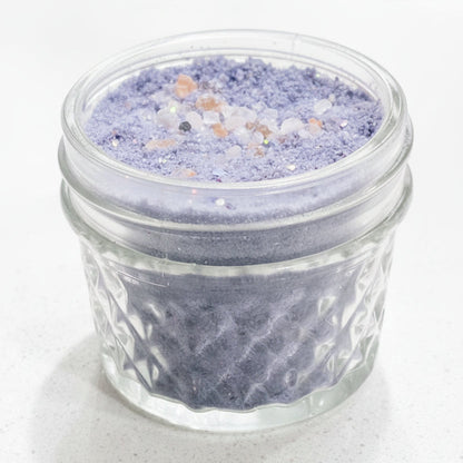 Glass Jar 4 0z Diamod textured full of Milk and Mineral Bath Soak  Purple with salt rocks and glitter