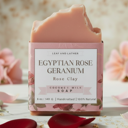 Soap bar with packaging labeled 'Egyptian Rose Geranium' on a decorative background with flowers and petals.