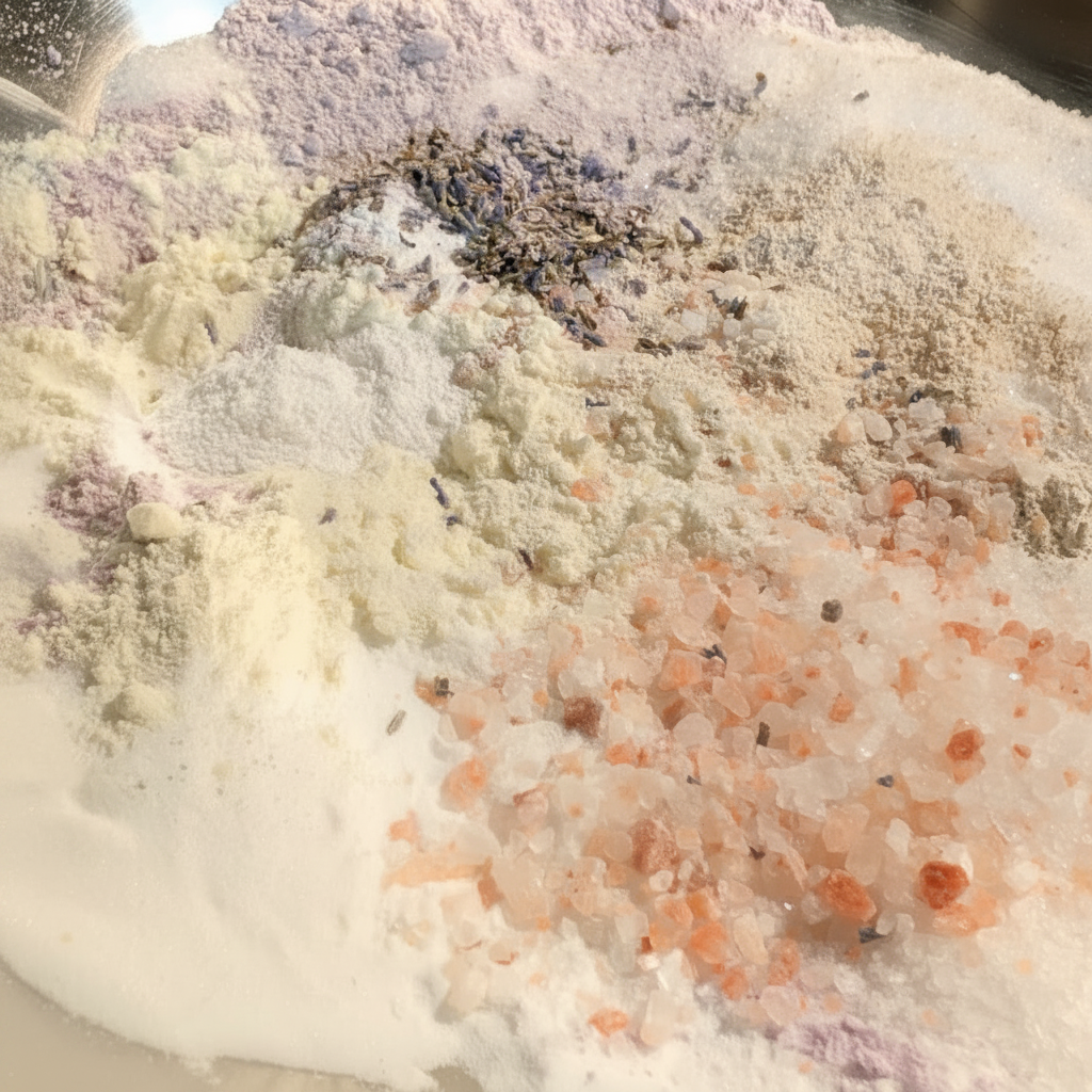 Close up of Bath soak with  lavender buds and different powders, clays, and salts. 