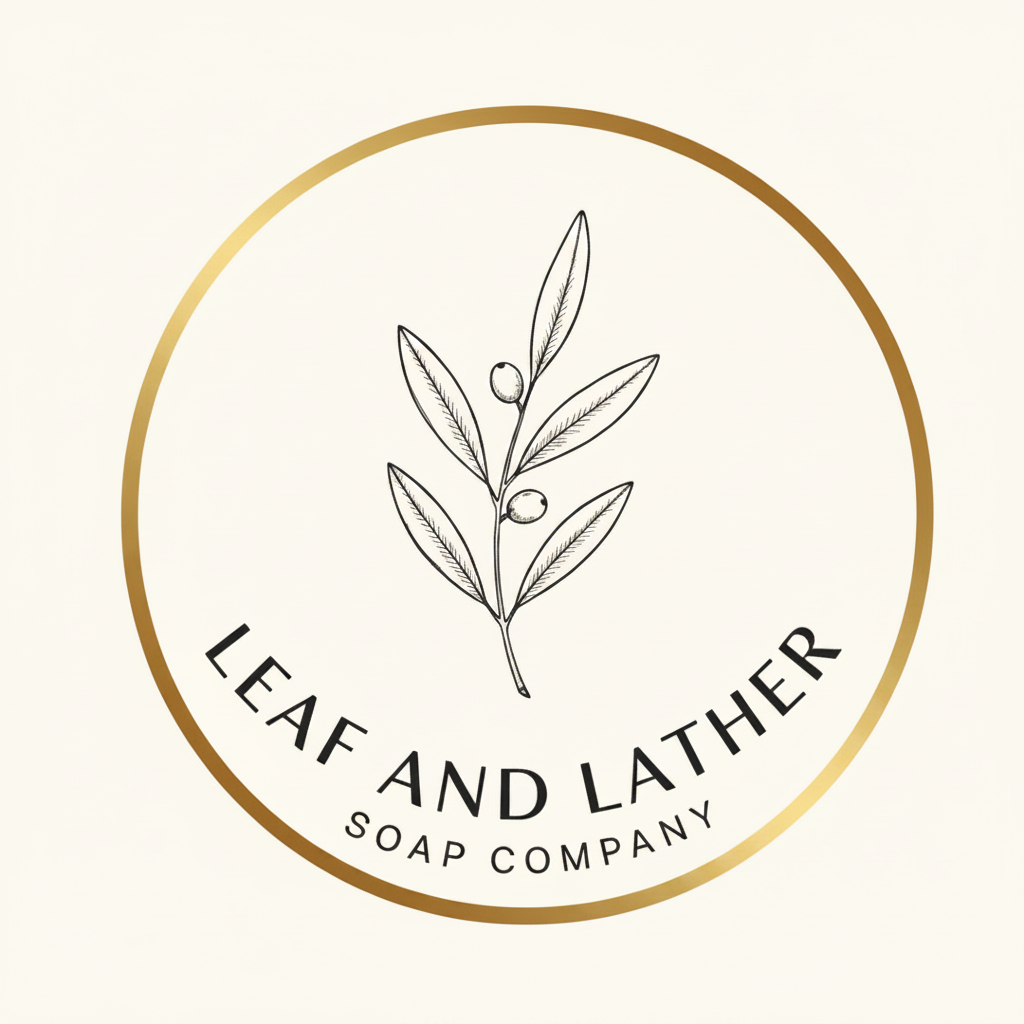 Logo of Leaf and Lather Soap Company with a leaf design on a textured beige background