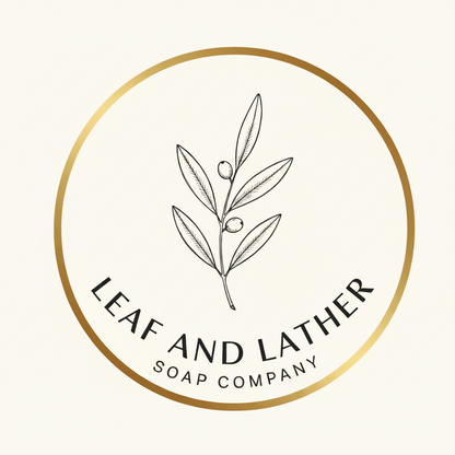 Logo of Leaf and Lather Soap Company with a leaf design on a textured beige background