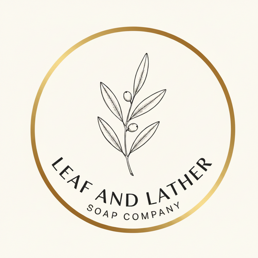 Logo of Leaf and Lather Soap Company with a leaf design on a textured beige background