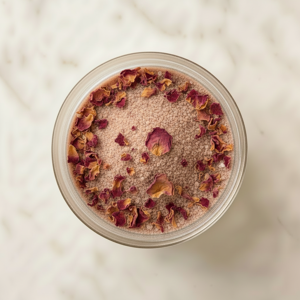 Jar of colorful bath salts with mint leaves on a marble surface