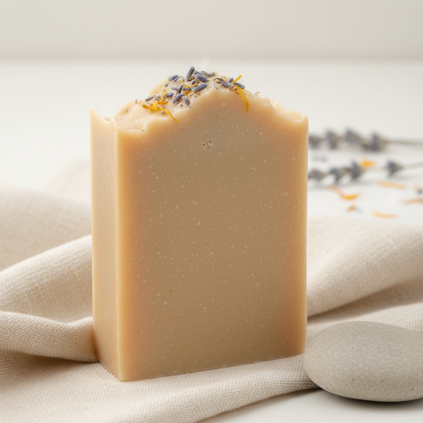 Bar of soap with lavender flowers on a beige fabric background