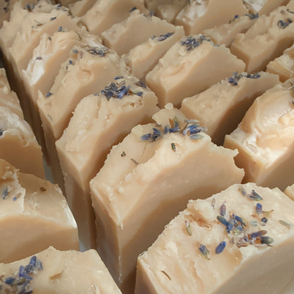 Close-up of beige soap bars with specks of lavender on a white background