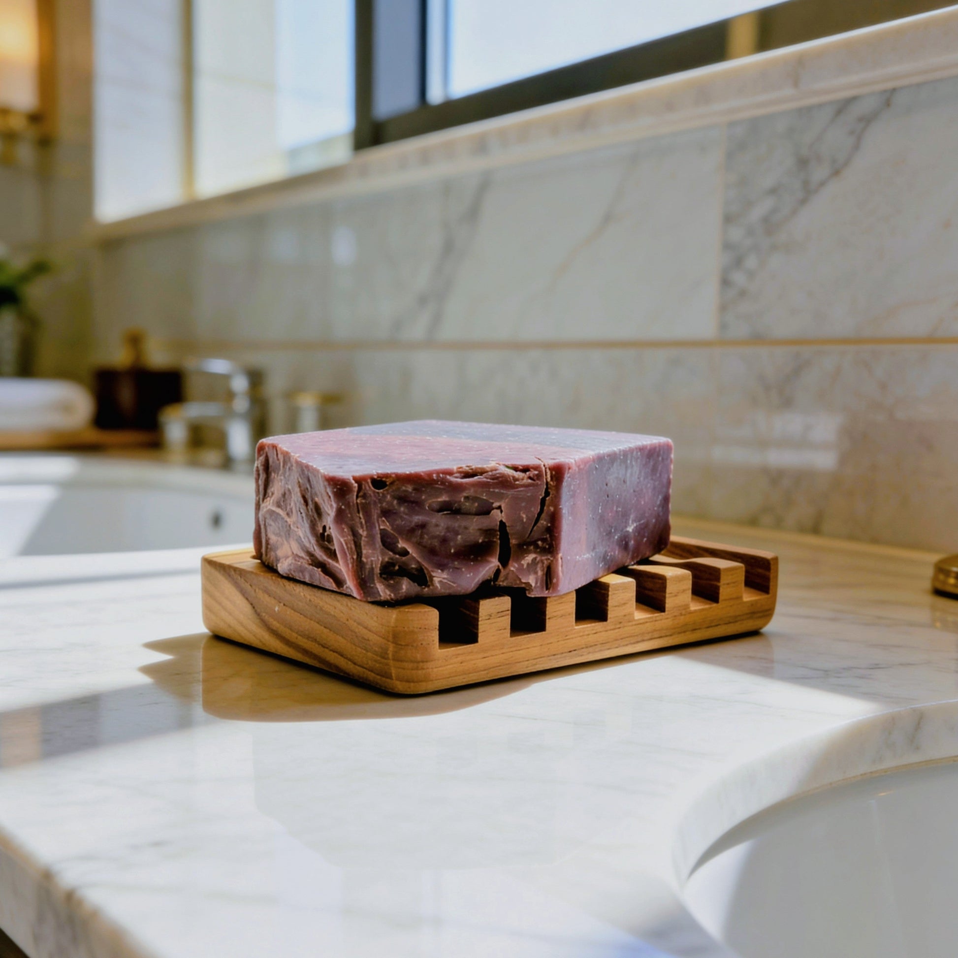 Block of raw meat on a wooden cutting board on a marble countertop