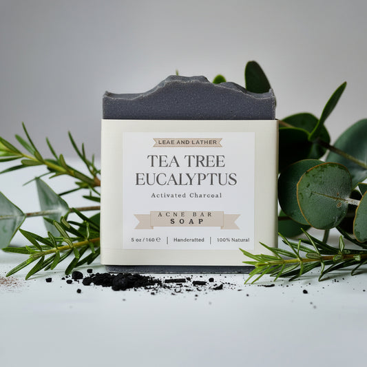 Tea Tree Eucalyptus soap bar with activated charcoal on a white background