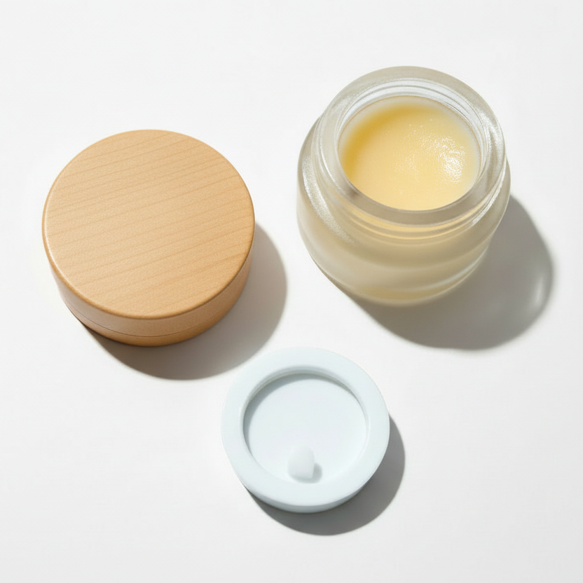 Three small containers of cream on a white background