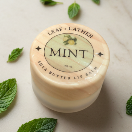 Jar of Leaf + Lather Mint Shea Butter Lip Balm with mint leaves on a light background