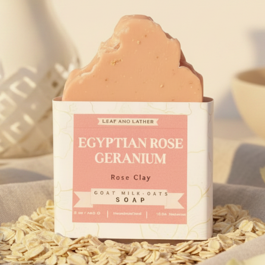 Bar of Egyptian Rose Geranium soap with packaging on a white background