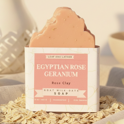 Bar of Egyptian Rose Geranium soap with packaging on a white background