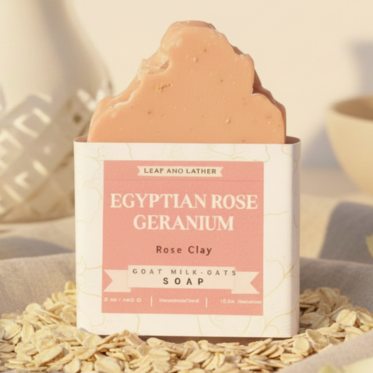 Bar of Egyptian Rose Geranium soap with packaging on a white background