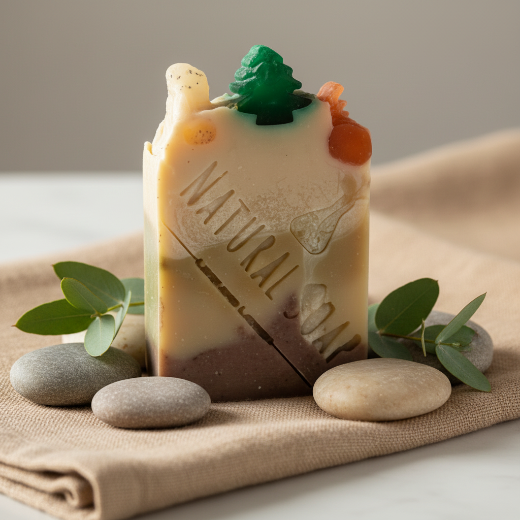 Bar of soap with Christmas tree and ornaments on a marble surface