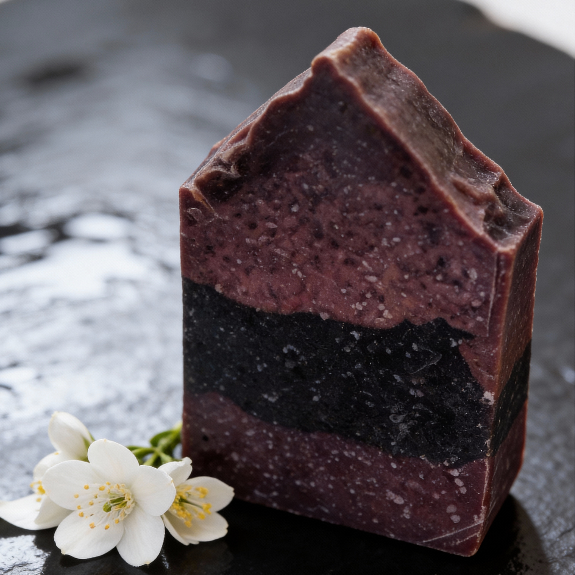 House-shaped dark-colored soap with a white flower on a black surface