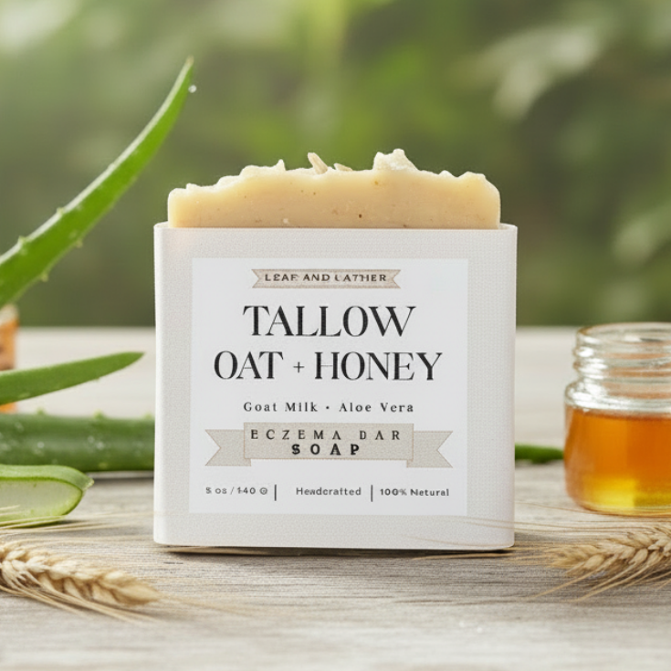 Tallow Oat + Honey soap bar with packaging on a wooden surface with natural elements.