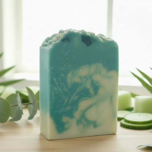 Green and white soap bar with natural elements on a light surface
