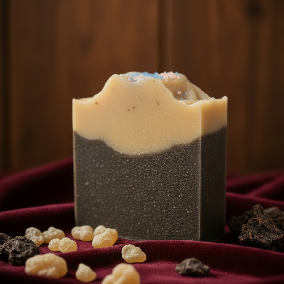Two-layered soap bar with black bottom and beige top on a blue background