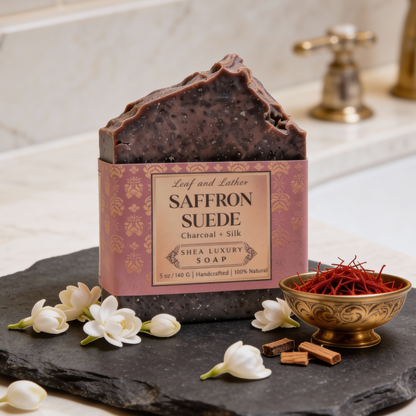 Bar of soap with packaging labeled 'Saffron Suede' on a marble countertop.