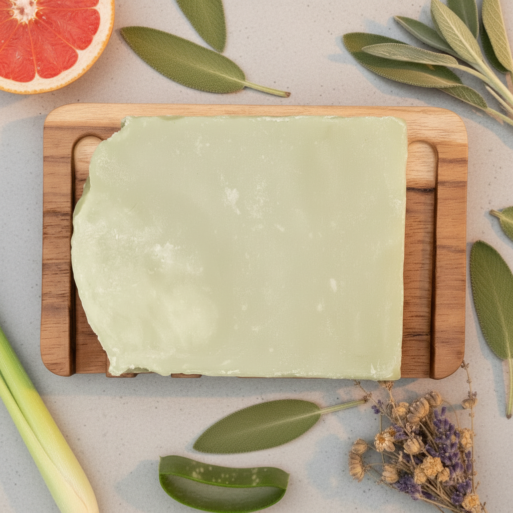 Green bar of soap on a wooden cutting board with dried lemon slices and eucalyptus leaves on a teal background