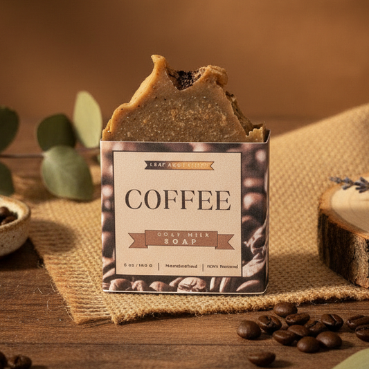 Bar of coffee soap with packaging on a wooden surface with coffee beans and eucalyptus leaves.