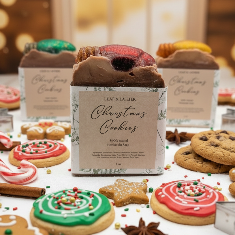 Handmade soap bar labeled 'Christmas Cookies' surrounded by decorative cookies on a festive background.