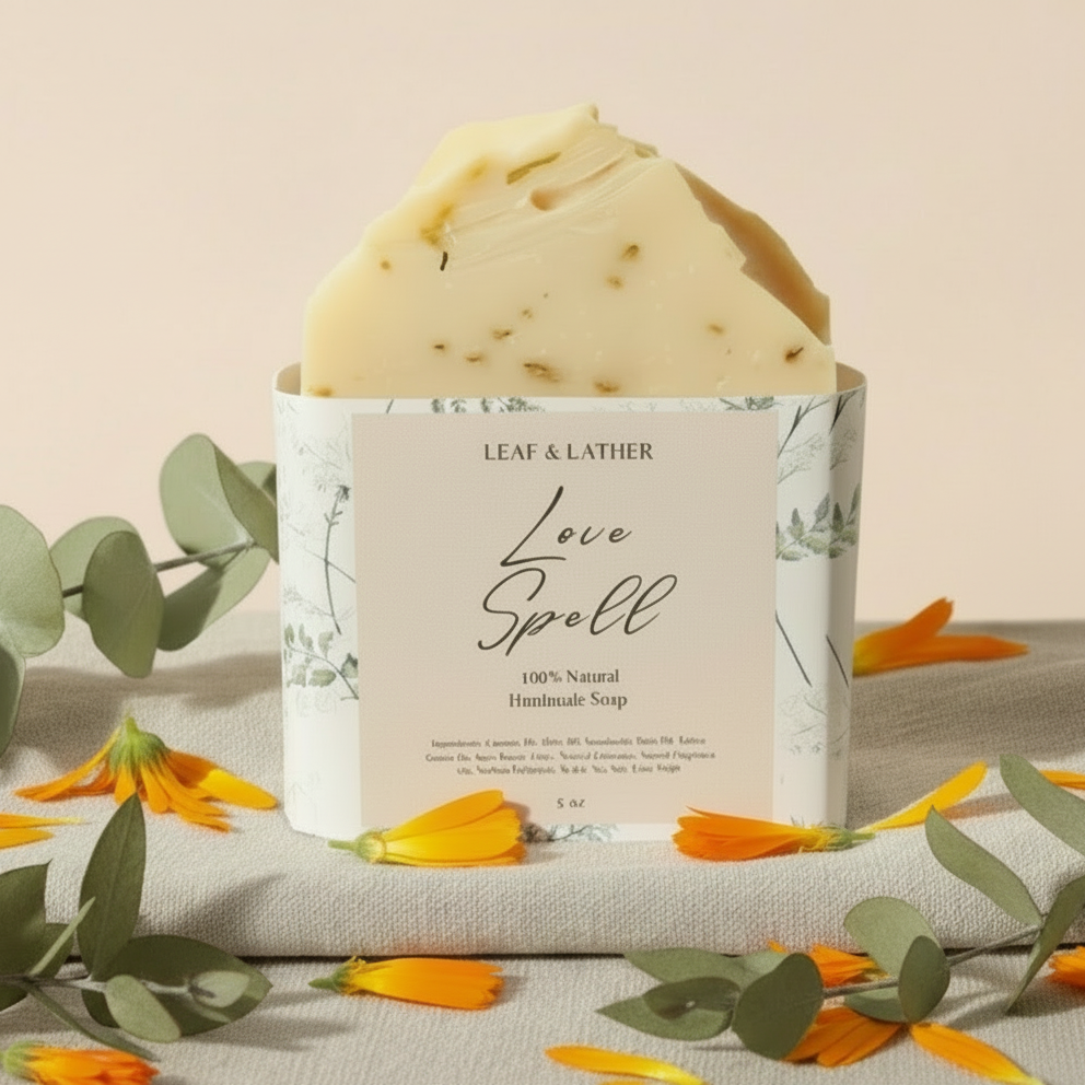 Handmade soap bar in a 'Love Spell' packaging with floral decorations on a light background
