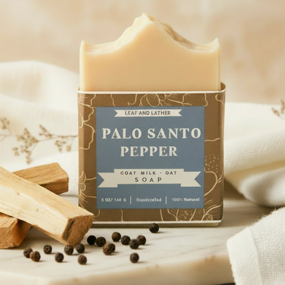 Bar of Palo Santo Pepper soap with wooden sticks and peppercorns on a neutral background