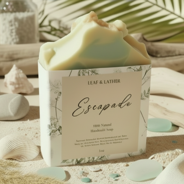 Soap bar with 'Escapade' label on a beach-themed setting with shells and palm leaves.