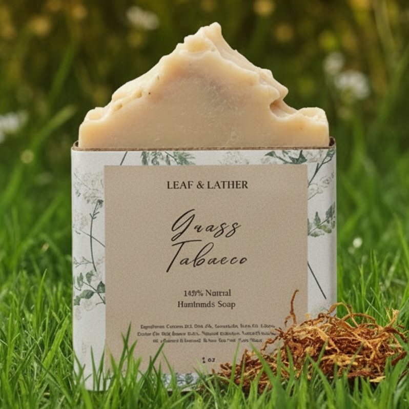 Bar of soap with a 'Leaf & Lather' label on grass