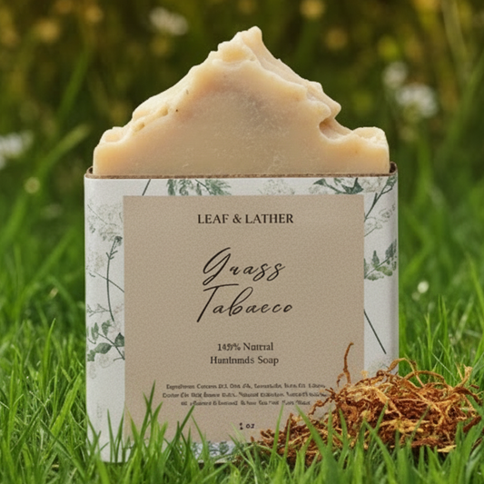Bar of soap with a 'Leaf & Lather' label on grass