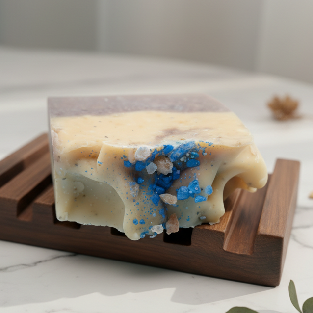 Bar of soap with blue flecks on a wooden soap dish against a blue background