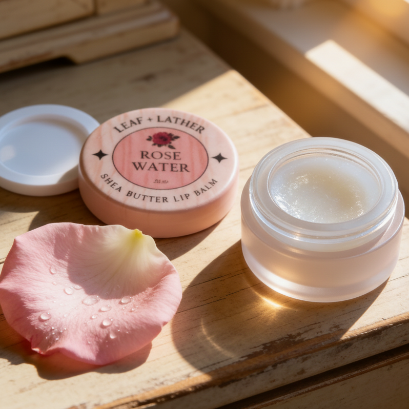 Cosmetic products including a jar, lip balm, and rose petal on a wooden surface with natural light.