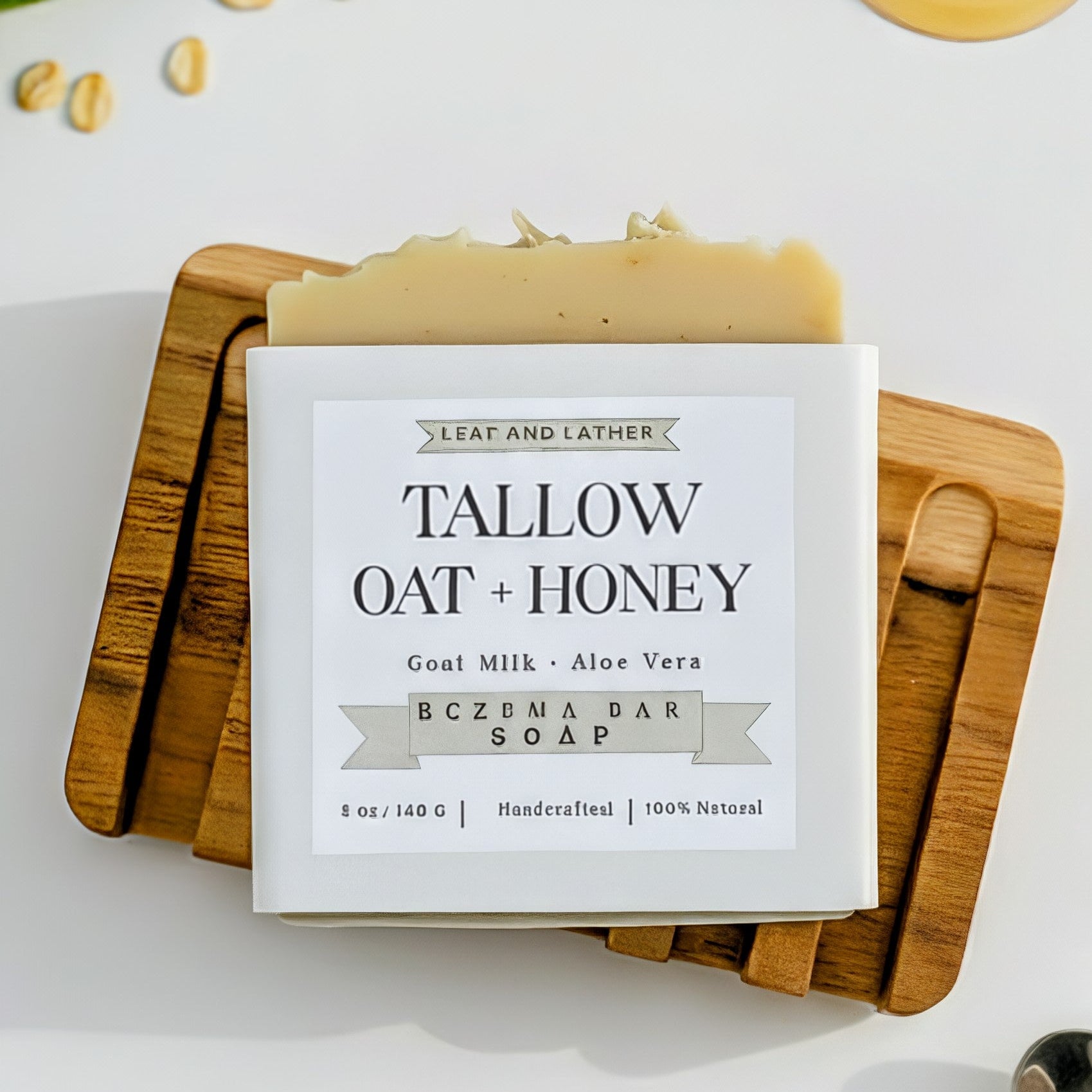 Bar of soap with a wooden coaster on a white background