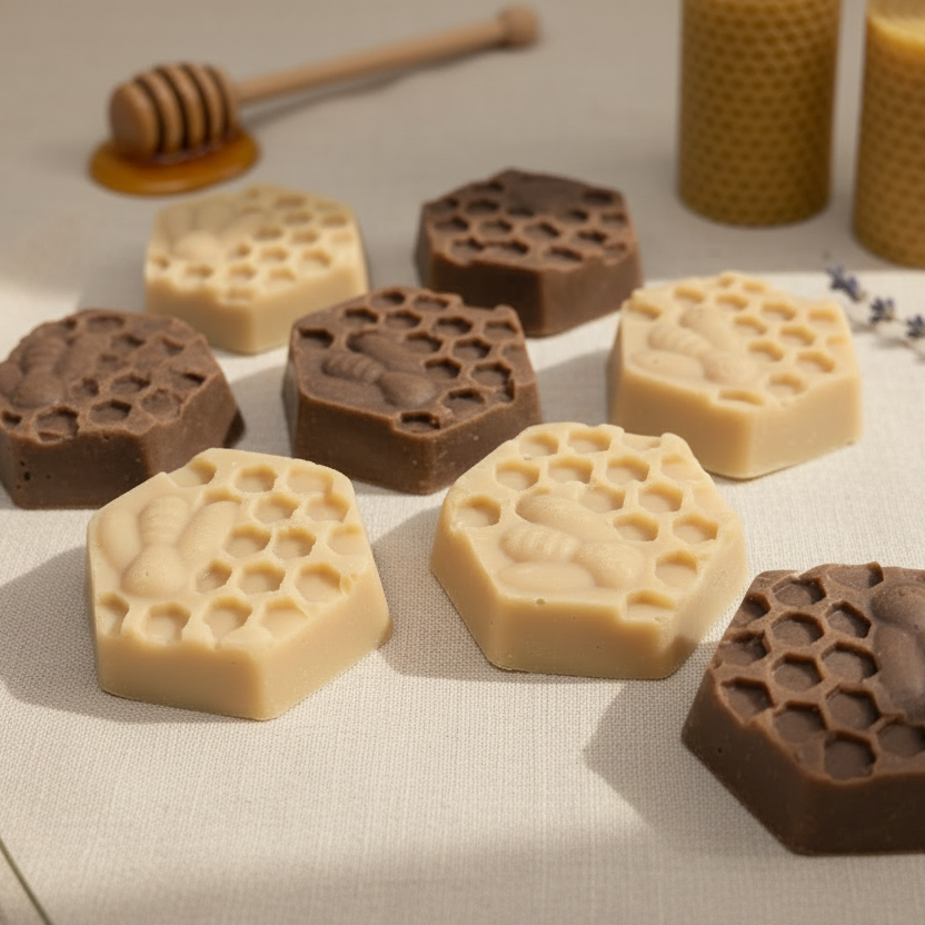 Various honeycomb-shaped soaps on a light surface with lavender and a honey dipper.