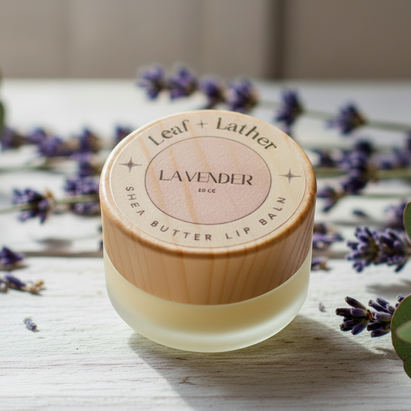 Lavender lip balm with wooden cap on a light surface with lavender flowers and leaves.