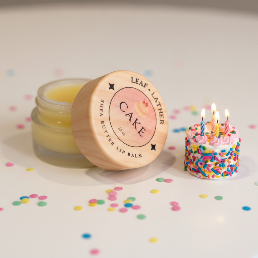 Lip balm with wooden cap and cake-themed lip balm container on a light background with colorful confetti.