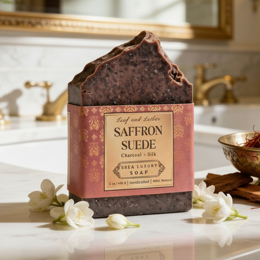 Bar of Saffron Suede soap on a marble countertop with flowers and a bowl of saffron.