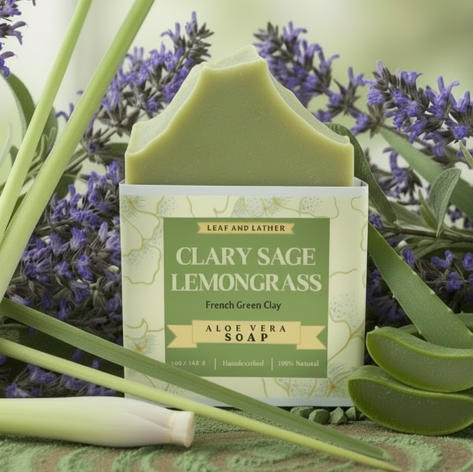Green soap bar with packaging labeled 'Clary Sage Lemongrass' surrounded by lavender and aloe vera leaves.