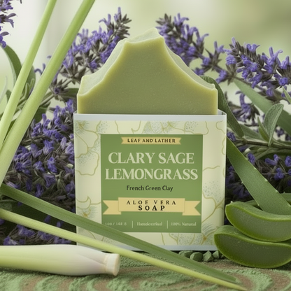 Green soap bar with packaging labeled 'Clary Sage Lemongrass' surrounded by lavender and aloe vera leaves.