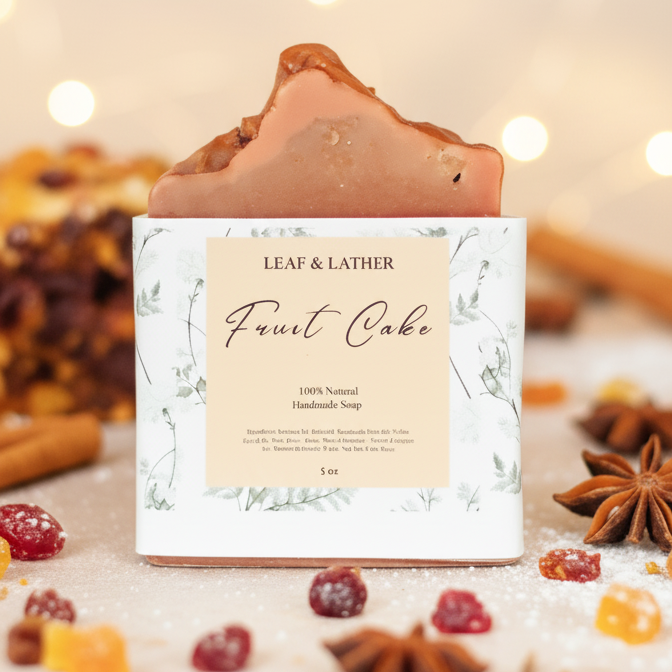 Soap bar with 'Leaf & Lather' label on a decorative background with fruits and spices