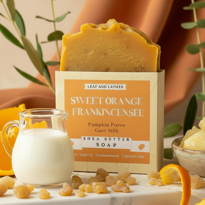 Shea butter soap bar with packaging labeled 'Sweet Orange Frankincense' on a decorative surface with milk and orange peels.