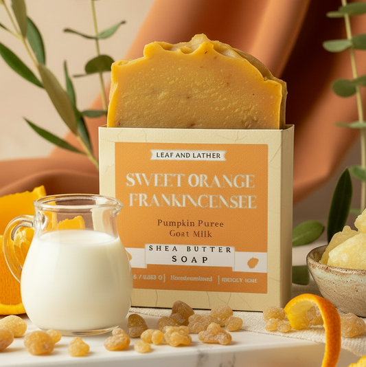 Shea butter soap bar with packaging labeled 'Sweet Orange Frankincense' on a decorative surface with milk and orange peels.